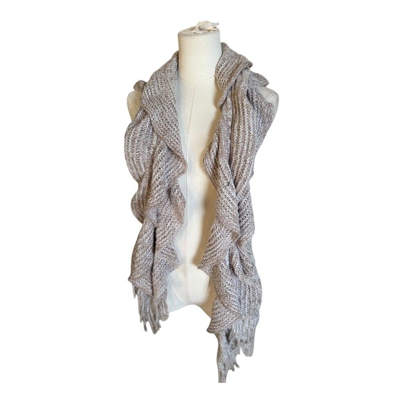 Ruffle Scarf Shawl Wrap Open‎ Knit Fringe Neutral Color Versatile - Picture 1 of 8